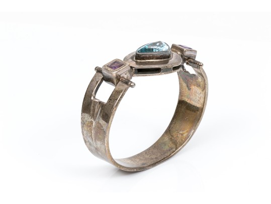 Sterling Spectacular Chunky Contemporary Free Form Blue Topaz And Amethyst Bangle Bracelet