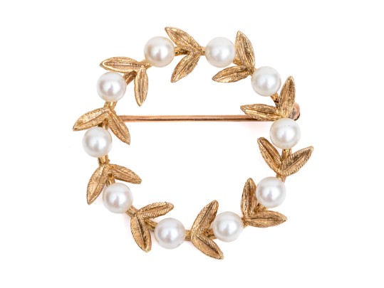 14k Yellow Gold Pretty Vintage 3.5 Mm Cultured Pearl And Leaf Motif Circle Brooch
