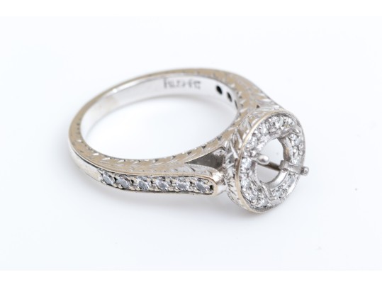 18k White Gold Beautiful Chased Diamond Set Halo Semi Mount, App. 0.24 TCW, Size 5.25