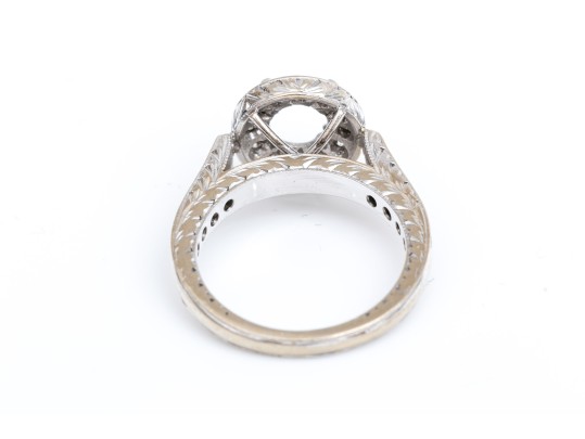 18k White Gold Beautiful Chased Diamond Set Halo Semi Mount, App. 0.24 TCW, Size 5.25