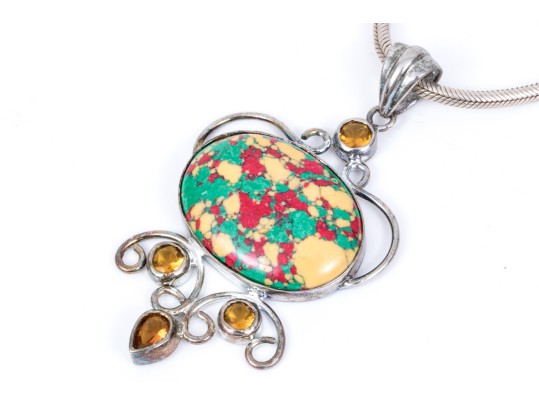 Sterling Silver Striking Multi Color Glass And Composite Pendant, On Chunky Snake Chain