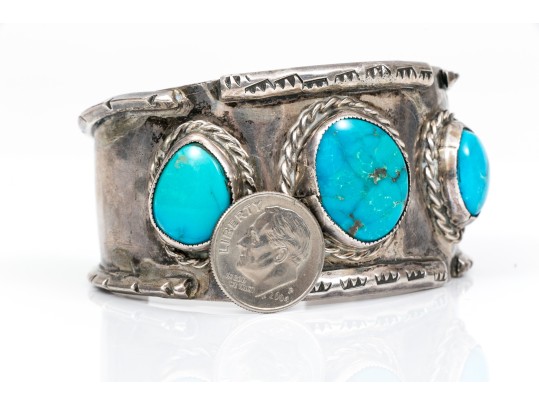 Sterling Silver Three Stone, Rope Edged Southwestern Style Cuff Bracelet