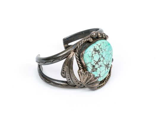 Dee Morris Sterling Rope And Fan Edged Turquoise Southwestern Style Cuff Bracelet