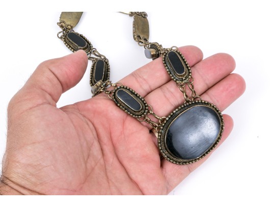 Vintage Black Wood And Gold Plated Impactful Chunky Opera Length Necklace
