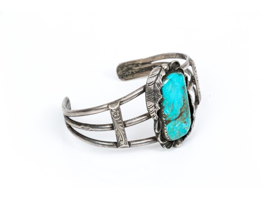 Sterling Silver And Feather Edged Turquoise Southwestern Style Cuff Bracelet
