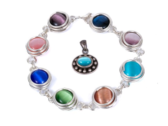 Sterling Silver Fun Multi Color Synthetic Cats Eye Bracelet And Complementary Pendant