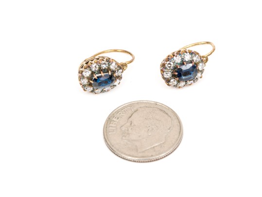 14k Yellow Gold Striking Vintage Blue And White Sapphire Halo Earrings