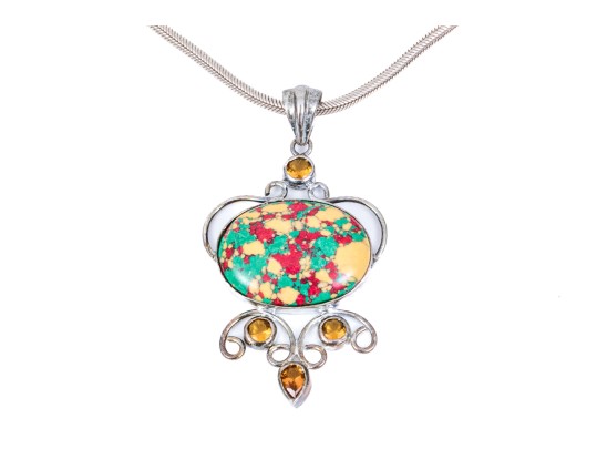 Sterling Silver Striking Multi Color Glass And Composite Pendant, On Chunky Snake Chain