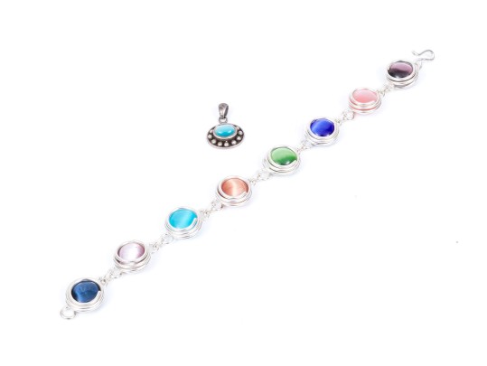 Sterling Silver Fun Multi Color Synthetic Cats Eye Bracelet And Complementary Pendant