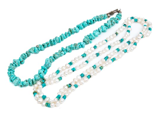 Pair Of Turquoise And Howlite And Turquoise, Howlite And Cultured Freshwater Pearl Necklaces