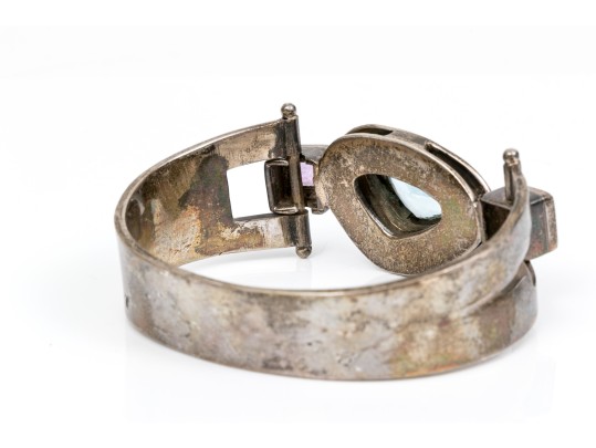 Sterling Spectacular Chunky Contemporary Free Form Blue Topaz And Amethyst Bangle Bracelet
