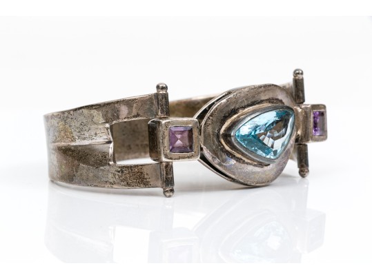 Sterling Spectacular Chunky Contemporary Free Form Blue Topaz And Amethyst Bangle Bracelet
