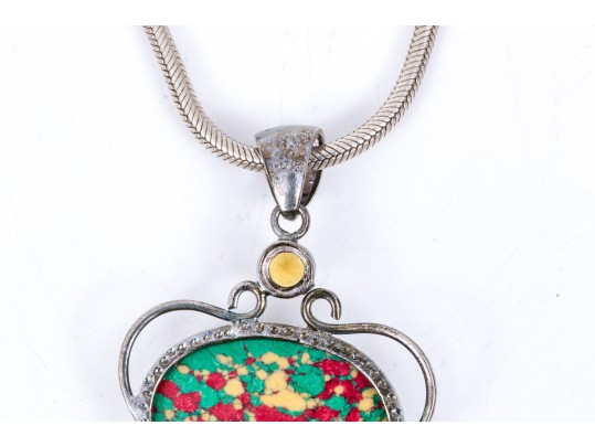 Sterling Silver Striking Multi Color Glass And Composite Pendant, On Chunky Snake Chain