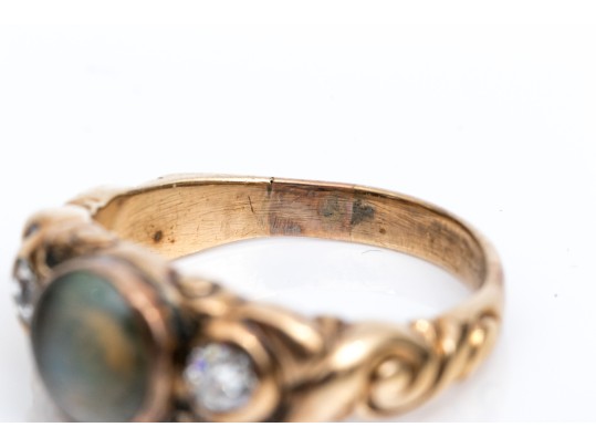 14K Gold Beautiful Antique Cats Eye Chrysoberyl And Diamond Ring, App. 0.17 TCW, Size 6.5,