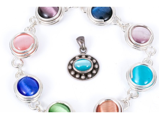 Sterling Silver Fun Multi Color Synthetic Cats Eye Bracelet And Complementary Pendant
