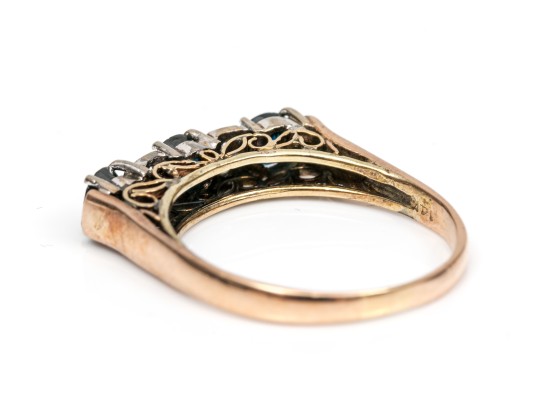 14k Gold Striking Vintage Sapphire And Diamond Band Ring, Size 8.75