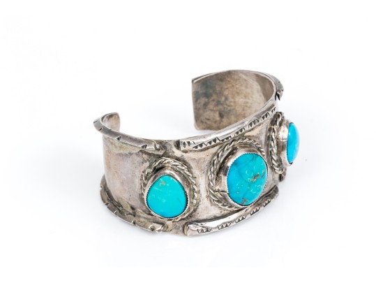 Sterling Silver Three Stone, Rope Edged Southwestern Style Cuff Bracelet
