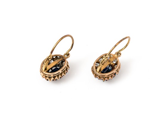 14k Yellow Gold Striking Vintage Blue And White Sapphire Halo Earrings