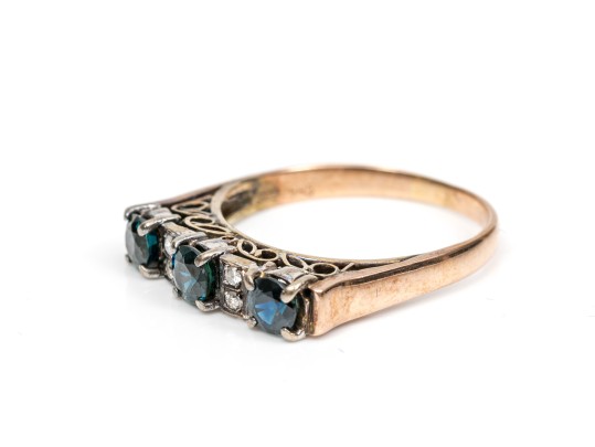 14k Gold Striking Vintage Sapphire And Diamond Band Ring, Size 8.75