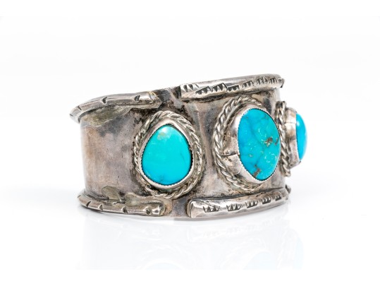 Sterling Silver Three Stone, Rope Edged Southwestern Style Cuff Bracelet