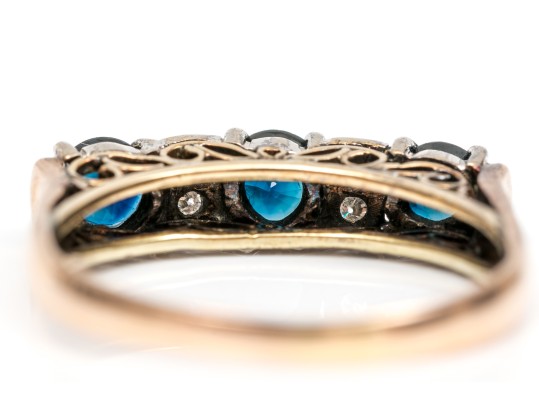 14k Gold Striking Vintage Sapphire And Diamond Band Ring, Size 8.75