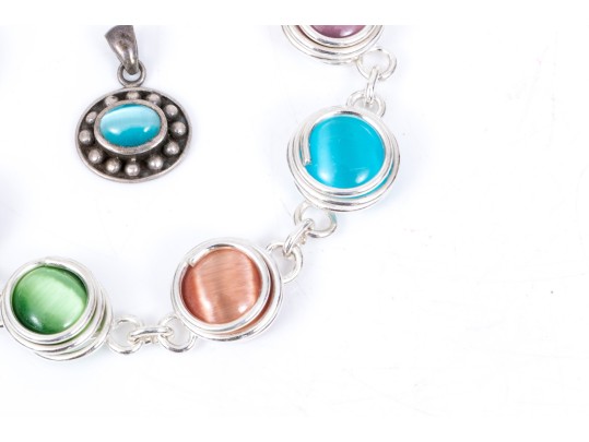 Sterling Silver Fun Multi Color Synthetic Cats Eye Bracelet And Complementary Pendant