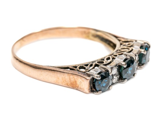 14k Gold Striking Vintage Sapphire And Diamond Band Ring, Size 8.75