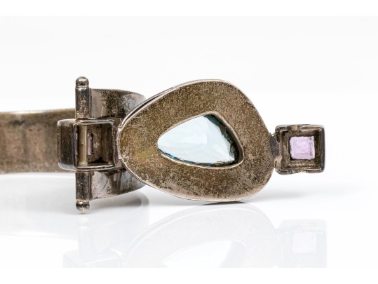 Sterling Spectacular Chunky Contemporary Free Form Blue Topaz And Amethyst Bangle Bracelet
