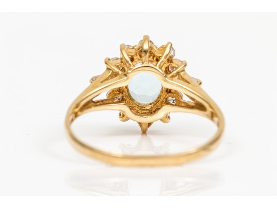 14k Yellow Gold Lovely Oval Aquamarine And Diamond Halo Ring, Size 6.75