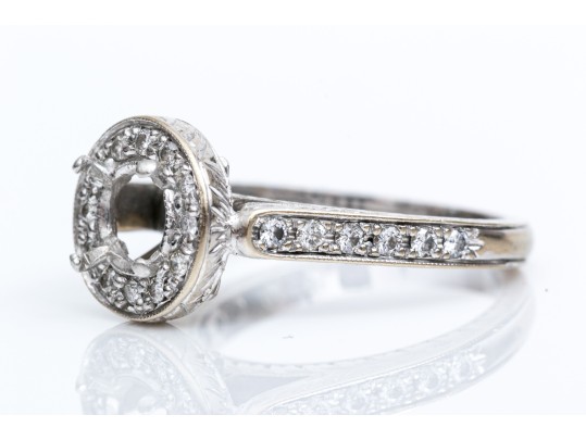 18k White Gold Beautiful Chased Diamond Set Halo Semi Mount, App. 0.24 TCW, Size 5.25