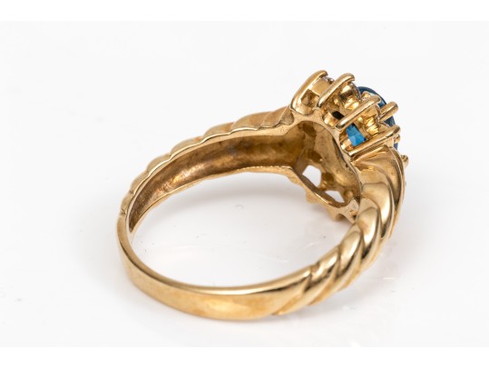10k Gold Lovely Oval Blue Sapphire And White Sapphire Ribbed Halo Ring, Size 7+
