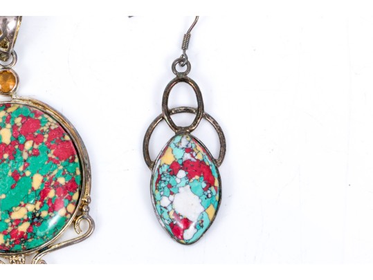 Sterling Silver Striking Multi Color Glass And Composite Pendant And Matching Earrings