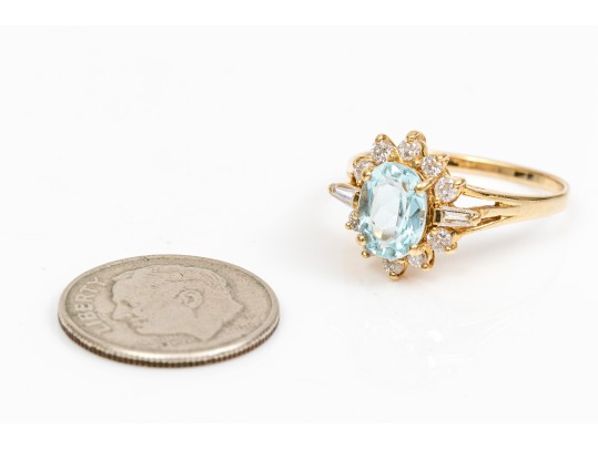 14k Yellow Gold Lovely Oval Aquamarine And Diamond Halo Ring, Size 6.75
