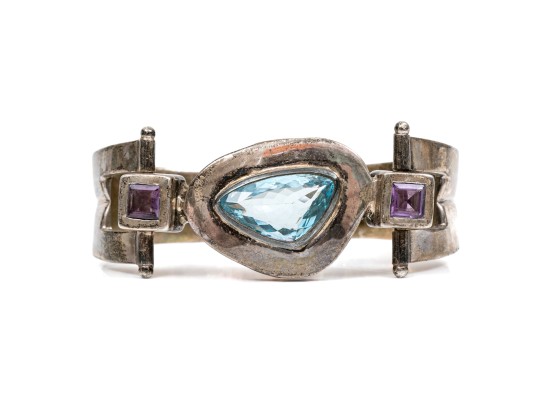 Sterling Spectacular Chunky Contemporary Free Form Blue Topaz And Amethyst Bangle Bracelet