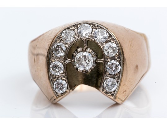 10K Yellow Gold And Diamond Lucky Horseshoe Ring, App. 0.62 TCW, Size 12.75