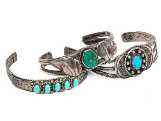 Lot Of Three Sterling Silver Southwestern Cuff Style Bracelets