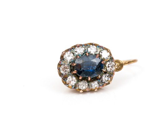14k Yellow Gold Striking Vintage Blue And White Sapphire Halo Earrings
