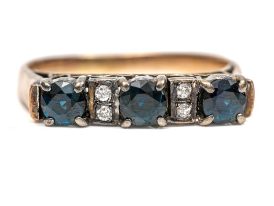 14k Gold Striking Vintage Sapphire And Diamond Band Ring, Size 8.75