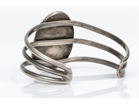 Sterling Silver And Rope Edged Turquoise Southwestern Style Cuff Bracelet