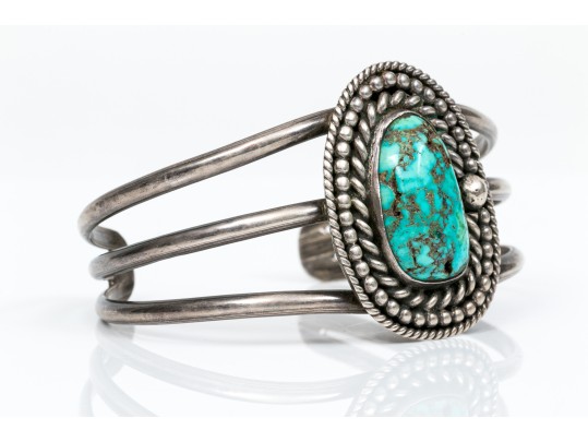 Sterling Silver And Rope Edged Turquoise Southwestern Style Cuff Bracelet