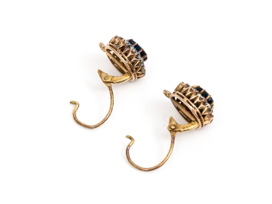 14k Yellow Gold Striking Vintage Blue And White Sapphire Halo Earrings
