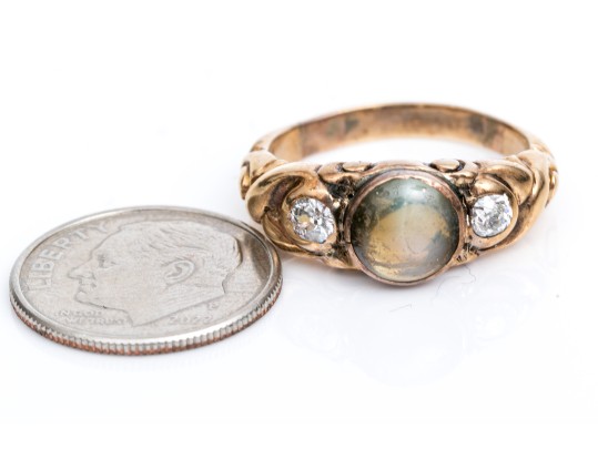 14K Gold Beautiful Antique Cats Eye Chrysoberyl And Diamond Ring, App. 0.17 TCW, Size 6.5,