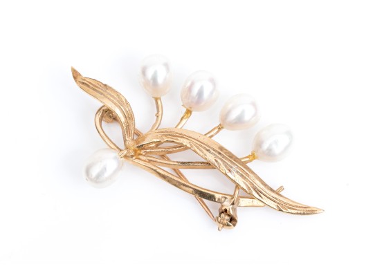 14k Yellow Gold Striking Cultured Freshwater Pearl Leaf And Spray Motif Brooch