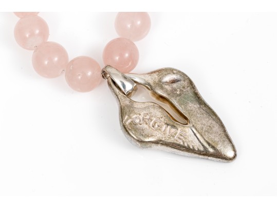 Striking Graduated Pink Rose Quartz Necklace With Brutalist Heart Pendant