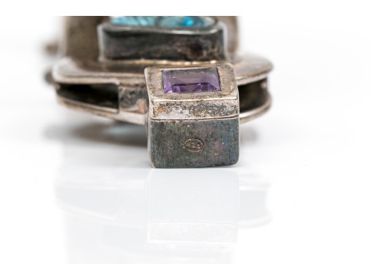 Sterling Spectacular Chunky Contemporary Free Form Blue Topaz And Amethyst Bangle Bracelet