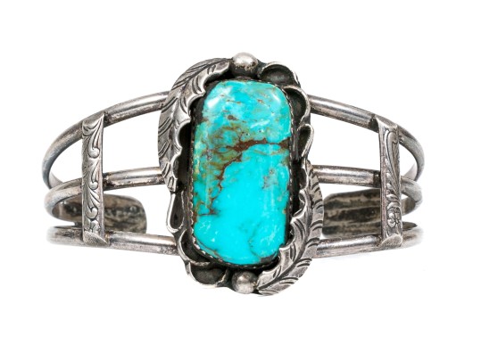 Sterling Silver And Feather Edged Turquoise Southwestern Style Cuff Bracelet