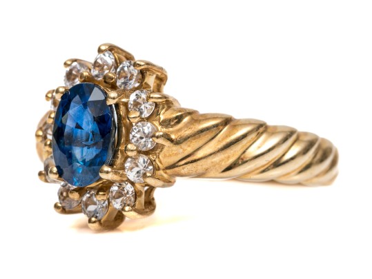 10k Gold Lovely Oval Blue Sapphire And White Sapphire Ribbed Halo Ring, Size 7+
