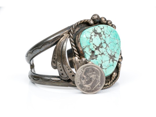 Dee Morris Sterling Rope And Fan Edged Turquoise Southwestern Style Cuff Bracelet