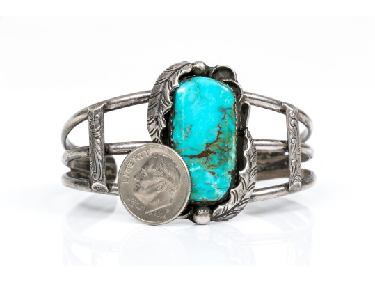 Sterling Silver And Feather Edged Turquoise Southwestern Style Cuff Bracelet