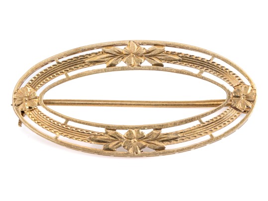 14k Yellow Gold Pretty Vintage Oval Chased And Floral Motif Brooch